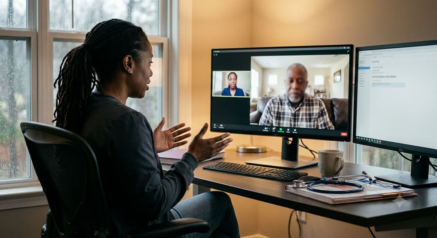 A board-certified psychiatric provider meeting with a patient over a secure telehealth visit