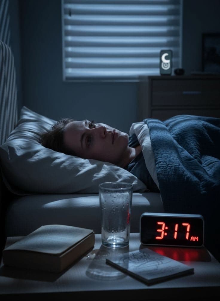 A person lying awake in bed in the middle of the night, unable to sleep